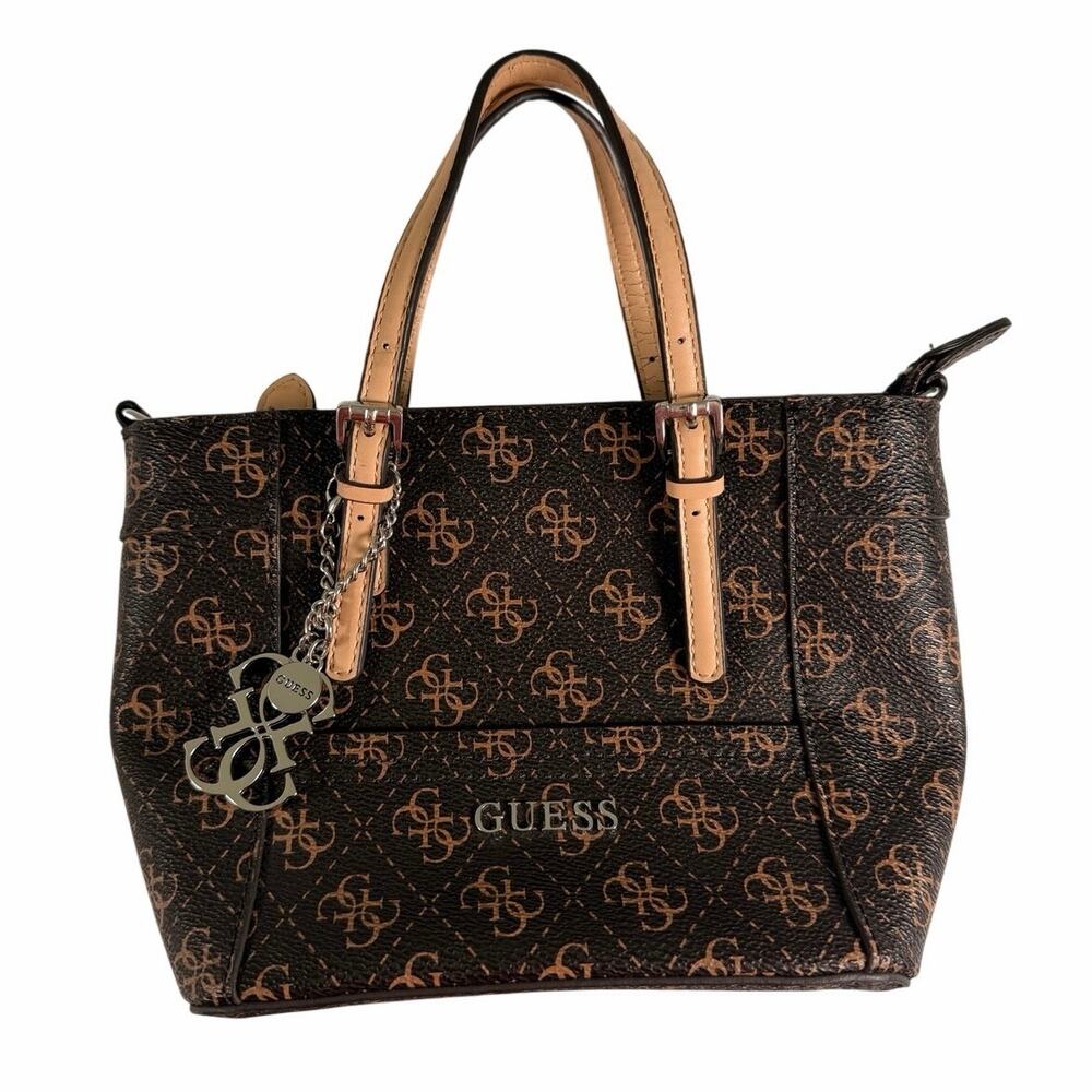 GUESS Delaney Brown Monogram Mini Tote Crossbody Bag with Charm